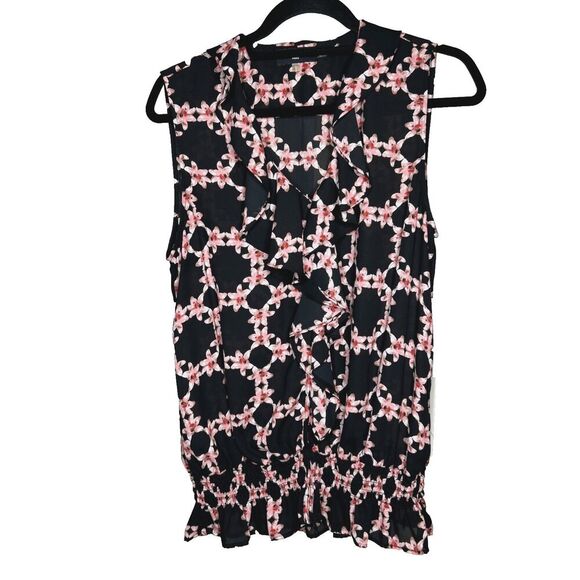 Karl Lagerfeld Sleeveless Top Black with Pink Floral Print Ruffle Size L - Picture 1 of 8